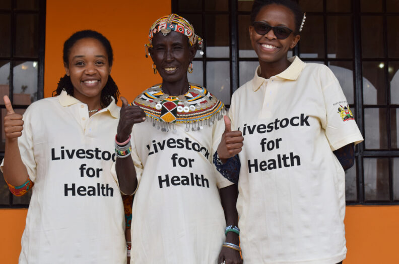 Livestock for Health staff Dr Mutono Nyamai(left) L4H study participant and L4H staff Anita Makori during a field visit in Marsabit County in Kenya.