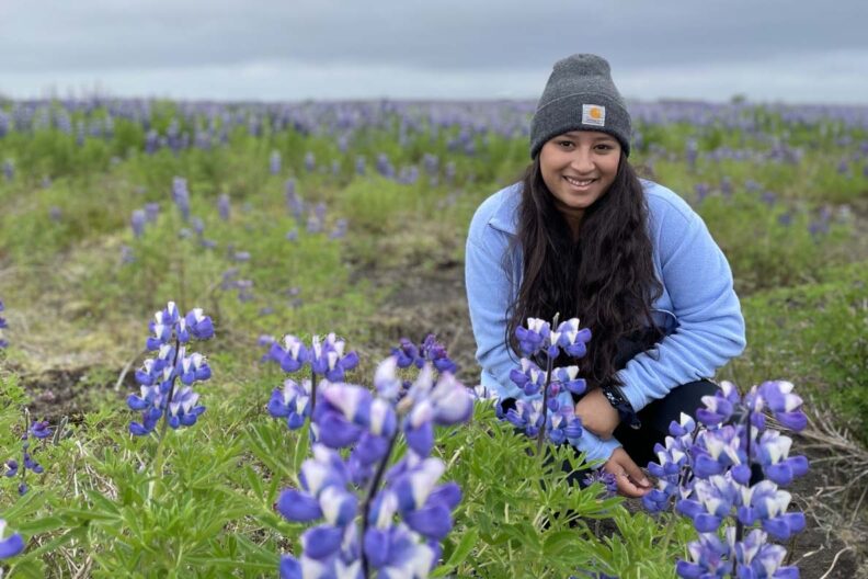 Caitlyn Patel in a field of wild Lupine.