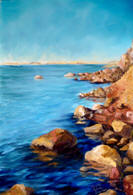 Painting of rocky coastline.