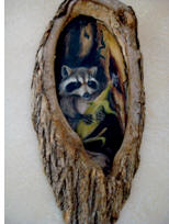 Painting of raccoon in tree.