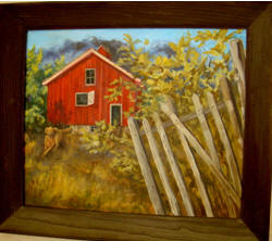 Painting of red building in autumn.