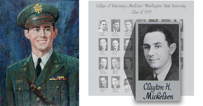 Portrait of Captain Mickelsen in his dress military uniform, and high DVM graduation photo.