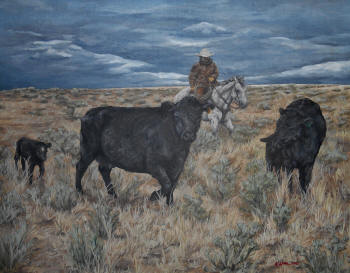 Watercolor of a cowboy on a white horse. He is herding two angus cows and one calf.