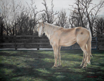 Painting of a palomino horse standing in a field with a wooden fence behind.