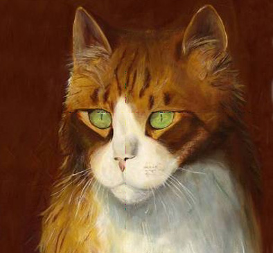 Painting of an orage cat with a white nose and chest.