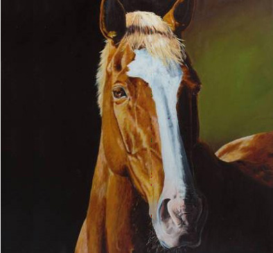 Painting of a sorrel horse with a large white blaze.