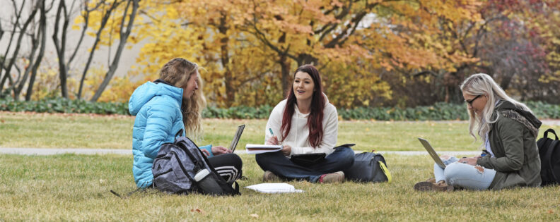 Three students studying or doing homework on the grassy lawn in front of Bustad Hall on the WSU campus in the fall.