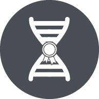 Dark gray cirle with a white DNA strand in it. Strand has a certificate ribbon on it.