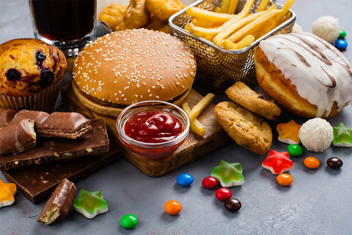 Photo of high fat foods including hamburger and fries, muffin, donut, candy, etc.