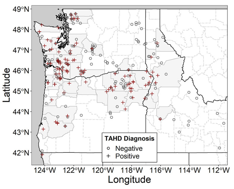 Map illustrating finding from surveillance conducted in Washington, Oregon, Idaho, and California in 2018-2020.