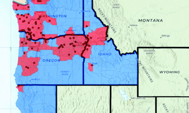 Map of the PNW with indicators as of May 2020 where cases of elk hoof disease had been reported.