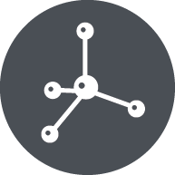 Icon, dark grey circle with simple illustration of molecular structure inside it.