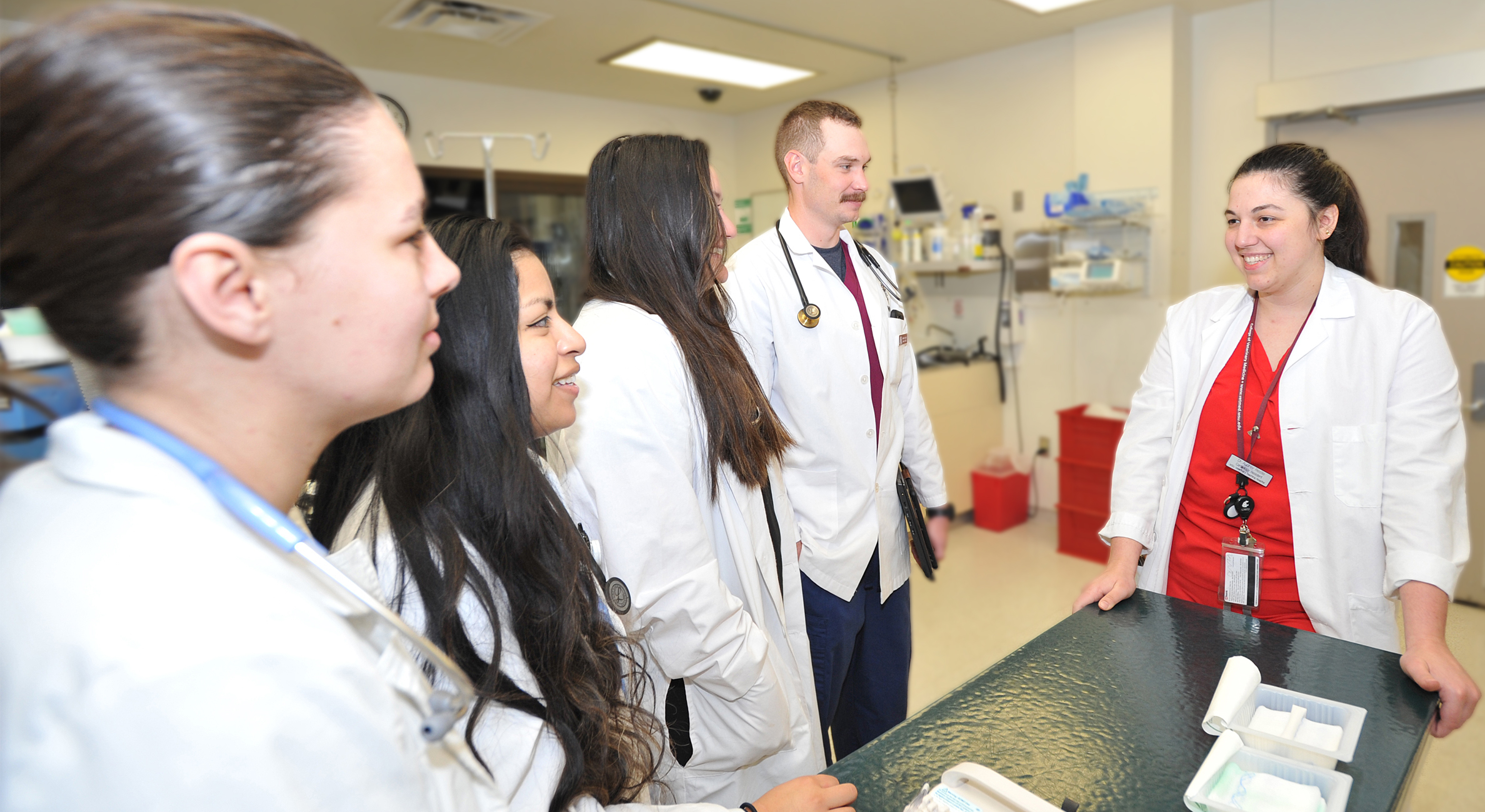 A Teaching Hospital resident with four 4th-year DVM students.