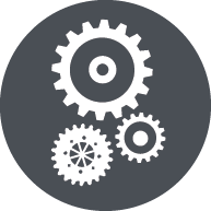 Icon: Three small white gear wheels inside a grey circle.