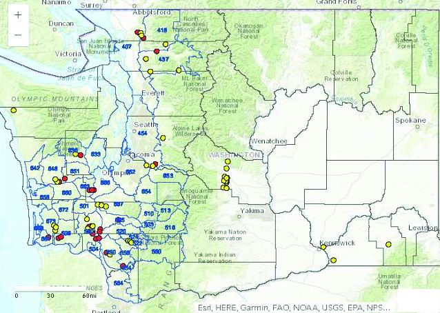 Map of Washington State and the its counties indicating location of positive and negative cases.