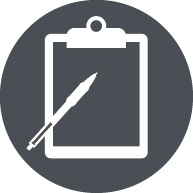 Dark gray circle with whiet clipboard and pen inside it.