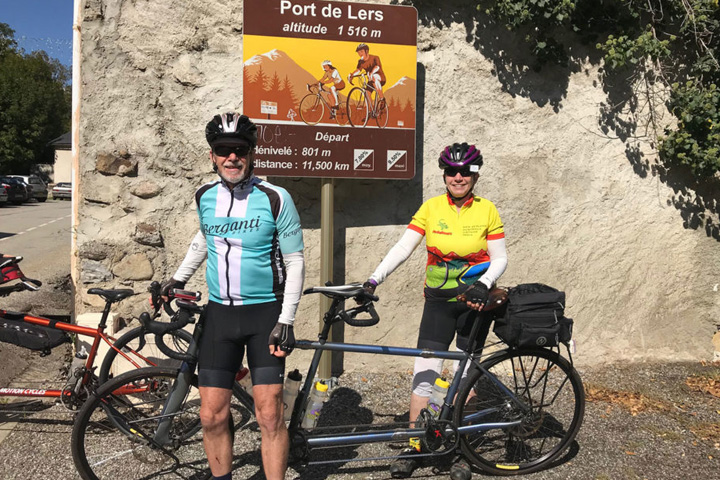 Vince Sikorski and Susan Maasch with their tandem bike at Port de Lers in France.