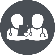 Dark gray circle with simple icon of two doctors inside it.