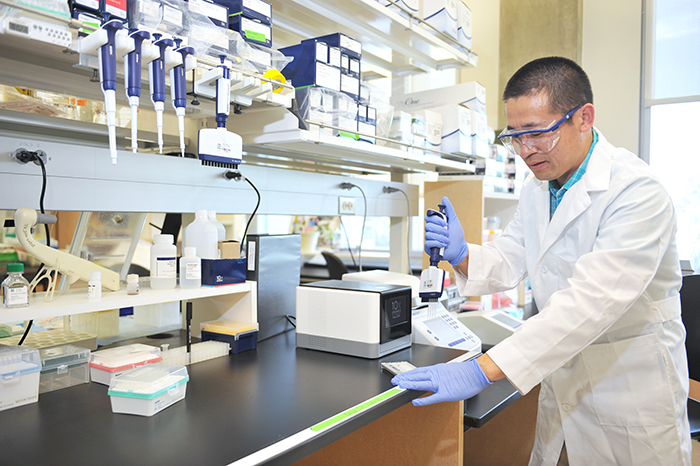 Chengtao Her working in a lab.
