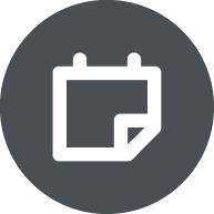 Icon, small dark grey circle with a while calendar icon.