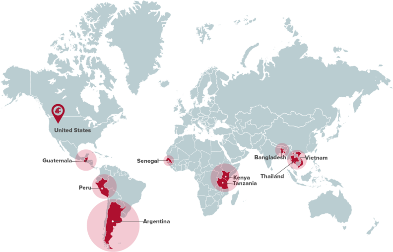 World map. Continents are gray and the countries where we work are labeled with their name and colored crimson.