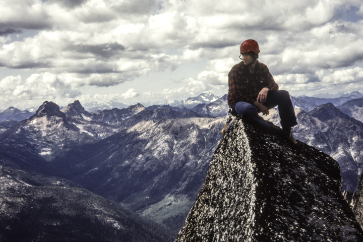 Mark Strother sits on the summit of Burgundy Spire in Washington in 1982