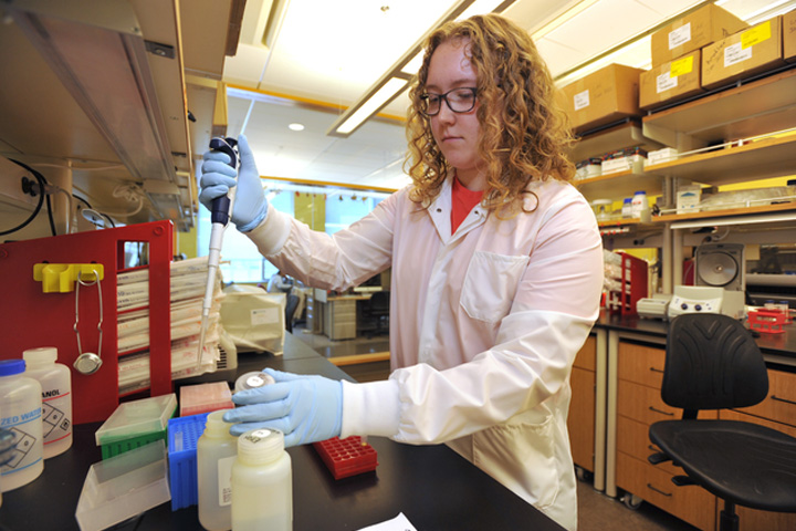 Sarah working the a lab.