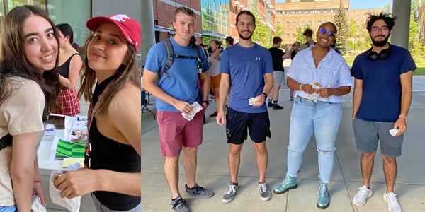 Two candid images of students at a college ice cream social event.