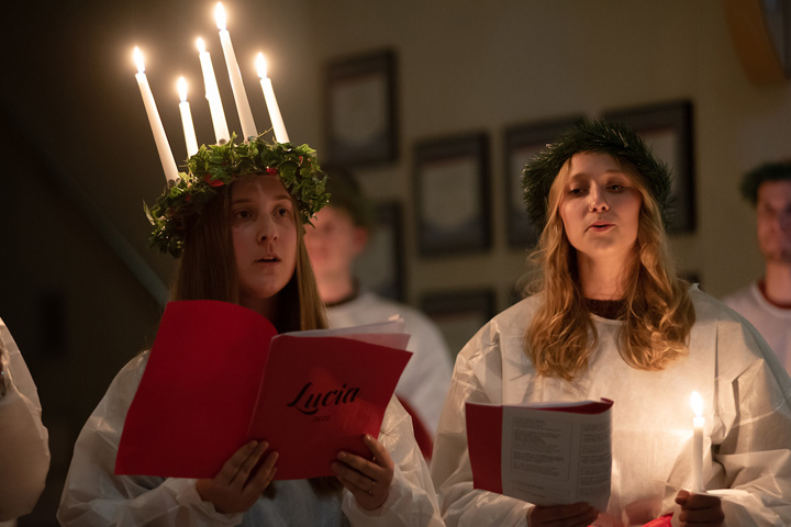 Students and faculty in the College of Veterinary Medicine sing and play instruments for their annual Lucia holiday performance.