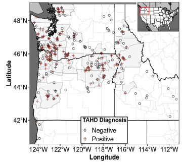 Map of the Pacific Northwest with pinpoints indicating where negative and positive TAHD diagnoses have been made.