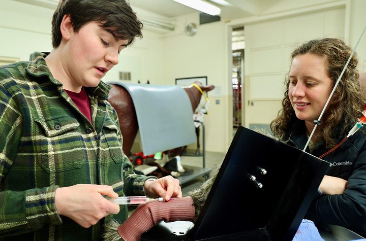 Michaele Lemons (right) watches her lab partner practice a medical procedure in the Clinical Simulation Center.