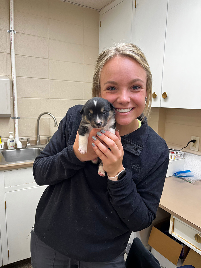 Jordan holding a collie puppy.