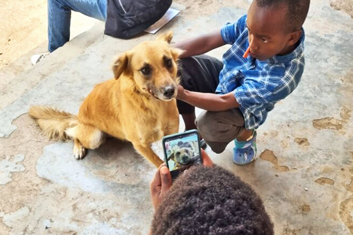Young boy crouched down and holding his dog while a picture of his dog is being taken.