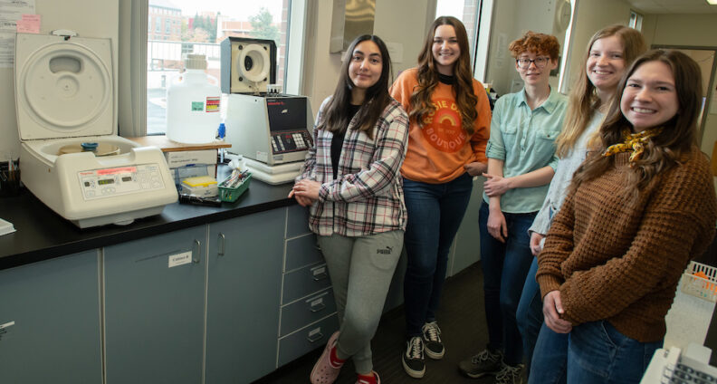I a lab, from left are Maya Boyle, Kate Bouchard, Ammasie Allred, Hannah Thom, and Georgia Jellen.