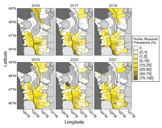Chart of Spatial-temporal distribution of prevalence from hunter reports.