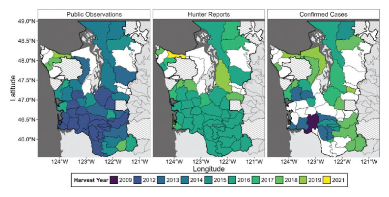 Maps of harvest years with earliest game management unit-level detection from TAHD surveillance strategies.