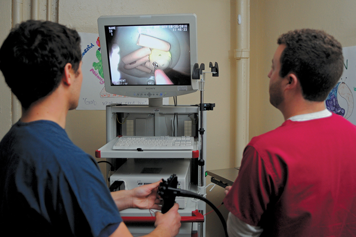 (right) Nick Larson (’18 DVM) and Drew Fleischman (’19 DVM) use the endoscope to grab a button inside the digestive model. Models like these give students the opportunity to practice their medical skills.