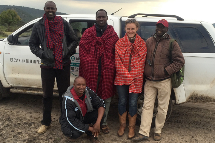 Ashley Railey (fourth from left) with members of the Serengeti survey team (back, l-r) Loserian Ole Maoi, Emmanuel Sindoya, Isaya Ole Seki, and (front) Victor Sianga.