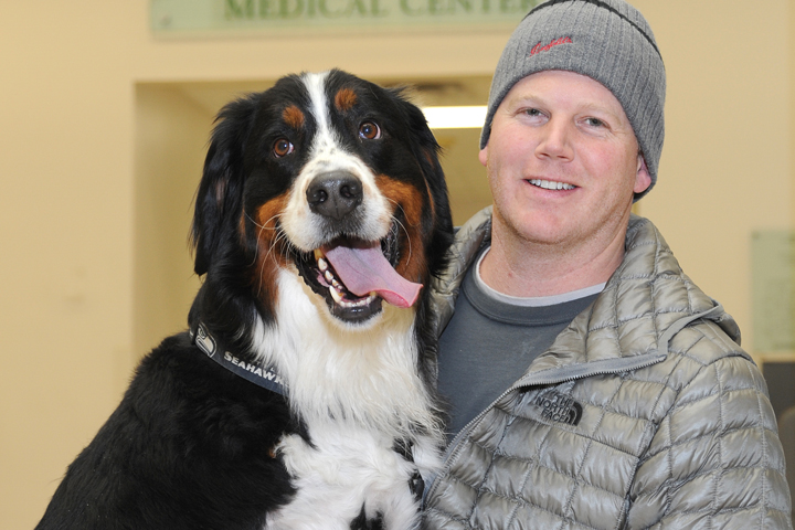 Wrigley and Greg in the veterinary teaching hospital lobby.