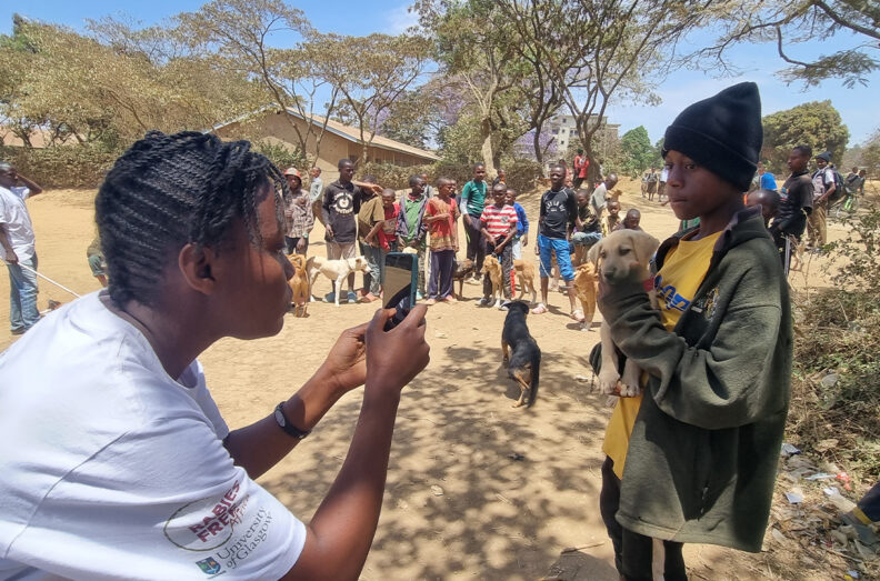 Boy holding his dog while its photo is taken. Kids with dogs waiting in the background.