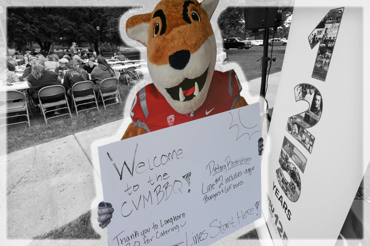 Cutout of Butch holding picnic signage overlaid on a photo from the picnic, people at tables on the left, vertical 125 banner on the right.