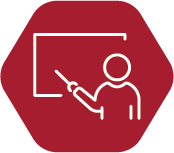 Crimson hexagon with white line drawing of person teaching at a whiteboard. They have a pointer in their hand.