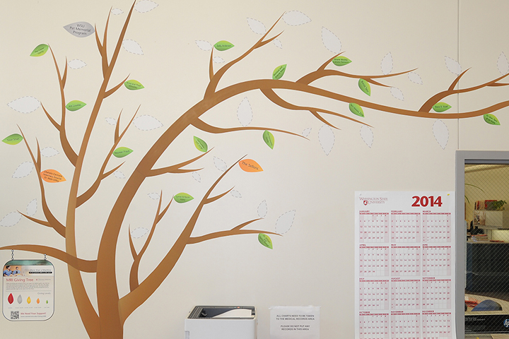 Vinyl giving tree on a wall in the Hospital lobby. Leaves are added as gifts are given.