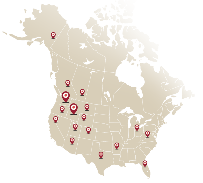  Map of the continental United States and Canada with markers indicating where patients came from. States with pins: Alaska, Washington, Oregon, California, Idaho, Utah, Arizona, Montana, Wyoming, Colorado, Texas, Arkansas, Ohio, Virginia, and Florida. Canadian provinces: British Columbia and Alberta.