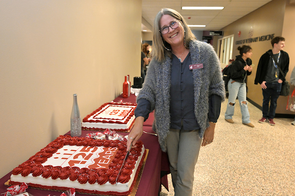 Dean Borjesson standing next to the cakes, getting ready to cut them.