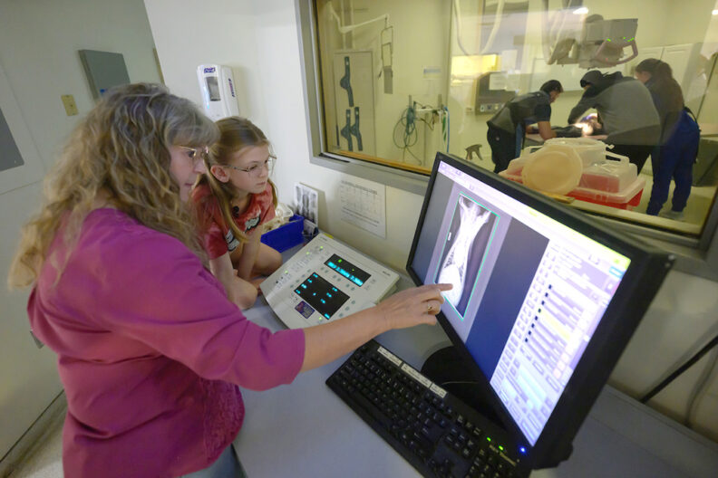 Maddie looking at a digital x-ray with Dr. Raelynn Farnsworth.