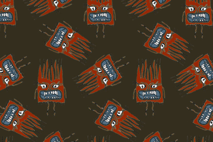 Artistic drawing of bacteria with a face, including vampire teeth.