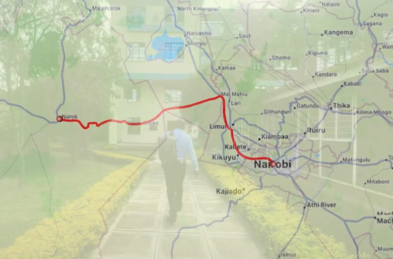 Screen grab from YouTube video. Route from Nairobi to Narok is marked in red. Map is overlaying image of Josphat Muema walking on sidewalk outside his office.