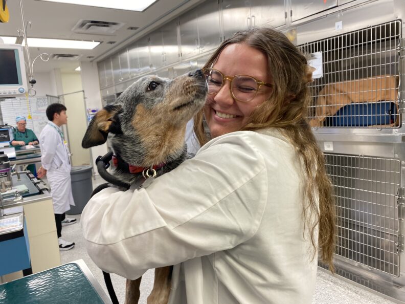 Maddy Boehland hugs a dog.