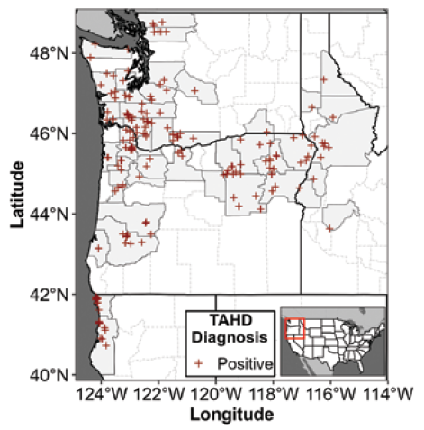 Map indicating positive cases of TAHD between 40-49° N Latitude and 124-114° W Longitude.